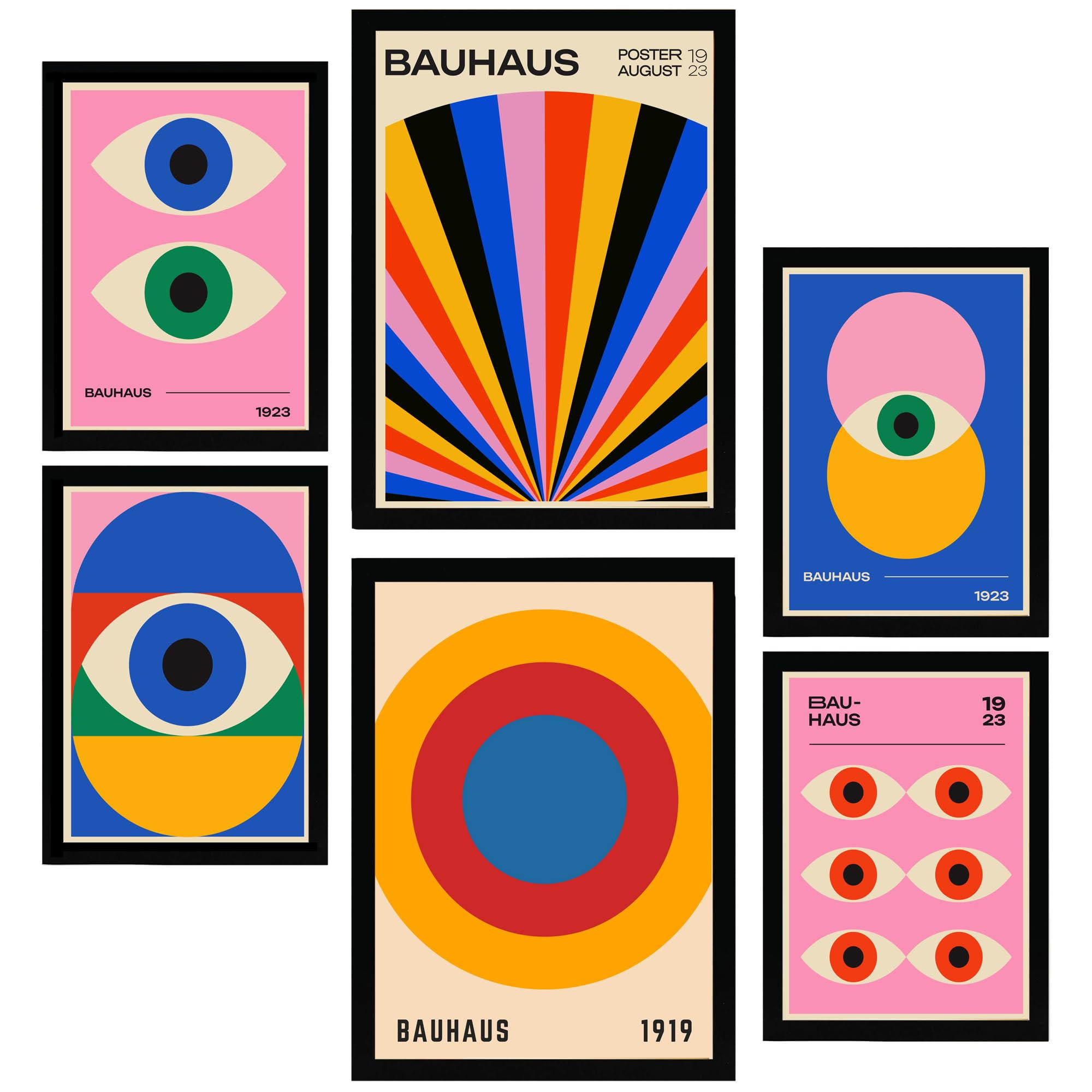 POSTER Set Mit 6 Geometrische Bauhaus Formen & Augen A3 & A4 Schwarzer Rahmen - Schwarz, Papier (29/3cm) - Nacnic