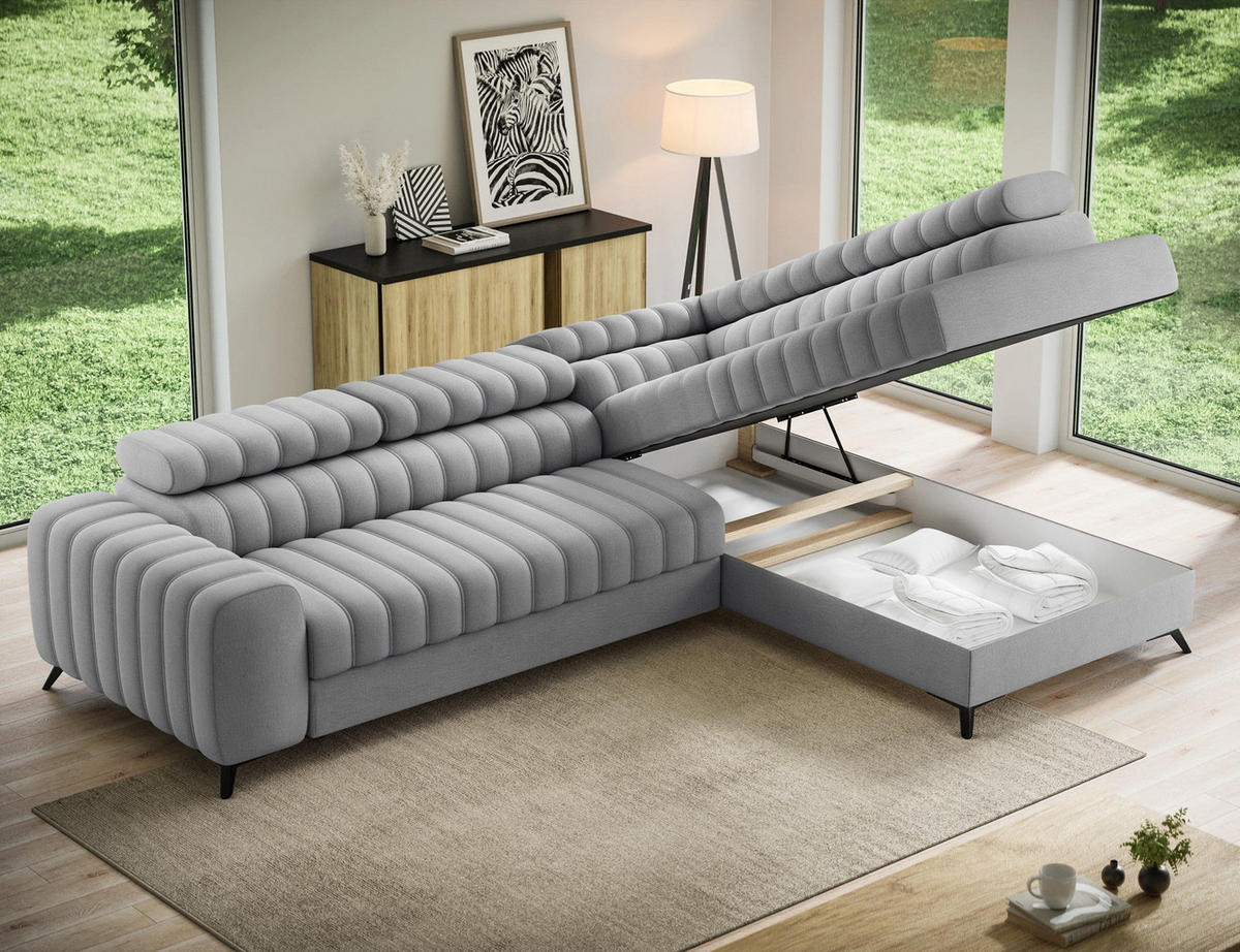 KANEDO Ecksofa mit Schlaffunktion und Bettkasten – Modernes Designsofa, verstellbare Kopfstützen, Metallfüße - Grau, Kunststoff (269/86cm) - Wohnideebilder