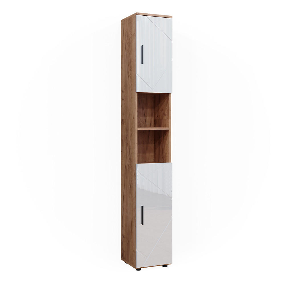 BADSCHRANK Irma Eiche 30 x 192 cm mit Türen, und offenen Fächern - Weiß Hochglanz, Holzwerkstoff (30/192/30cm) - Vicco