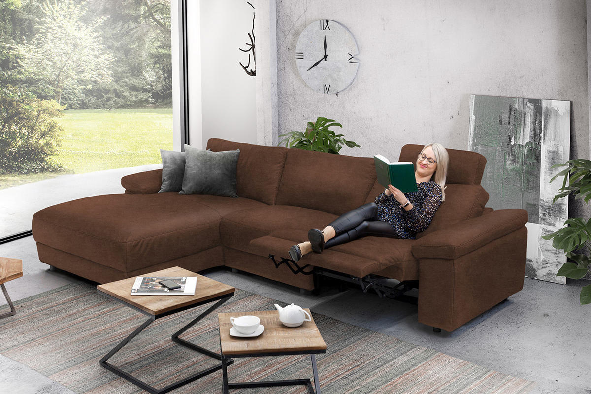 ECKSOFA XL MOTOR. RELAXFUNKTION LOLA Braun Leder - Dunkelbraun/Schwarz, Leder (304/178cm) - KAWOLA