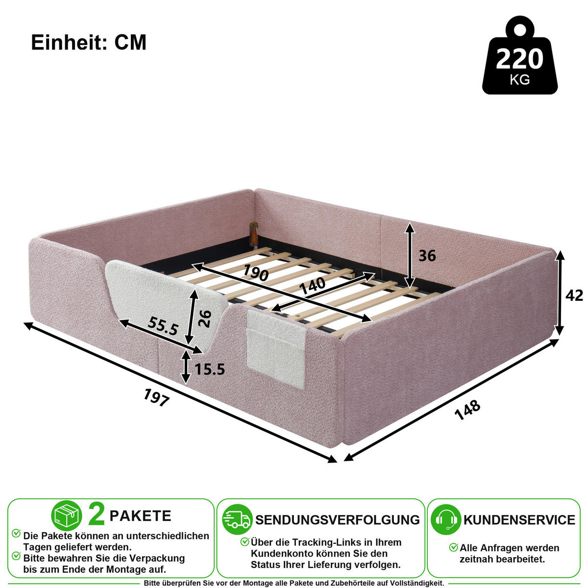 KINDERBETT 140/190 cm in Rosa mit Abnehmbaren Seitengittern und Stofftasche Samt - Rosa, Holzwerkstoff/Textil (140/190cm) - CHICFURN