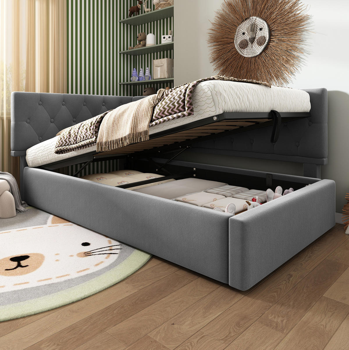 POLSTERBETT L-förmig mit Stauraum Samt Grau 90/200 cm - Grau, Textil (90/200cm) - OKWISH