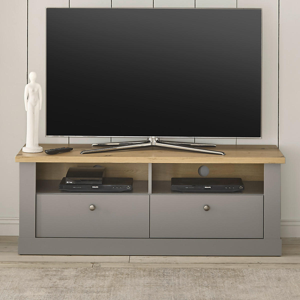 TV-LOWBOARD grau, Artisan Eiche Landhaus 132 cm, TV Unterteil mit Schubladen - Silberfarben/Eiche Artisan, Holzwerkstoff/Metall (132/48/44cm) - Furn.Design