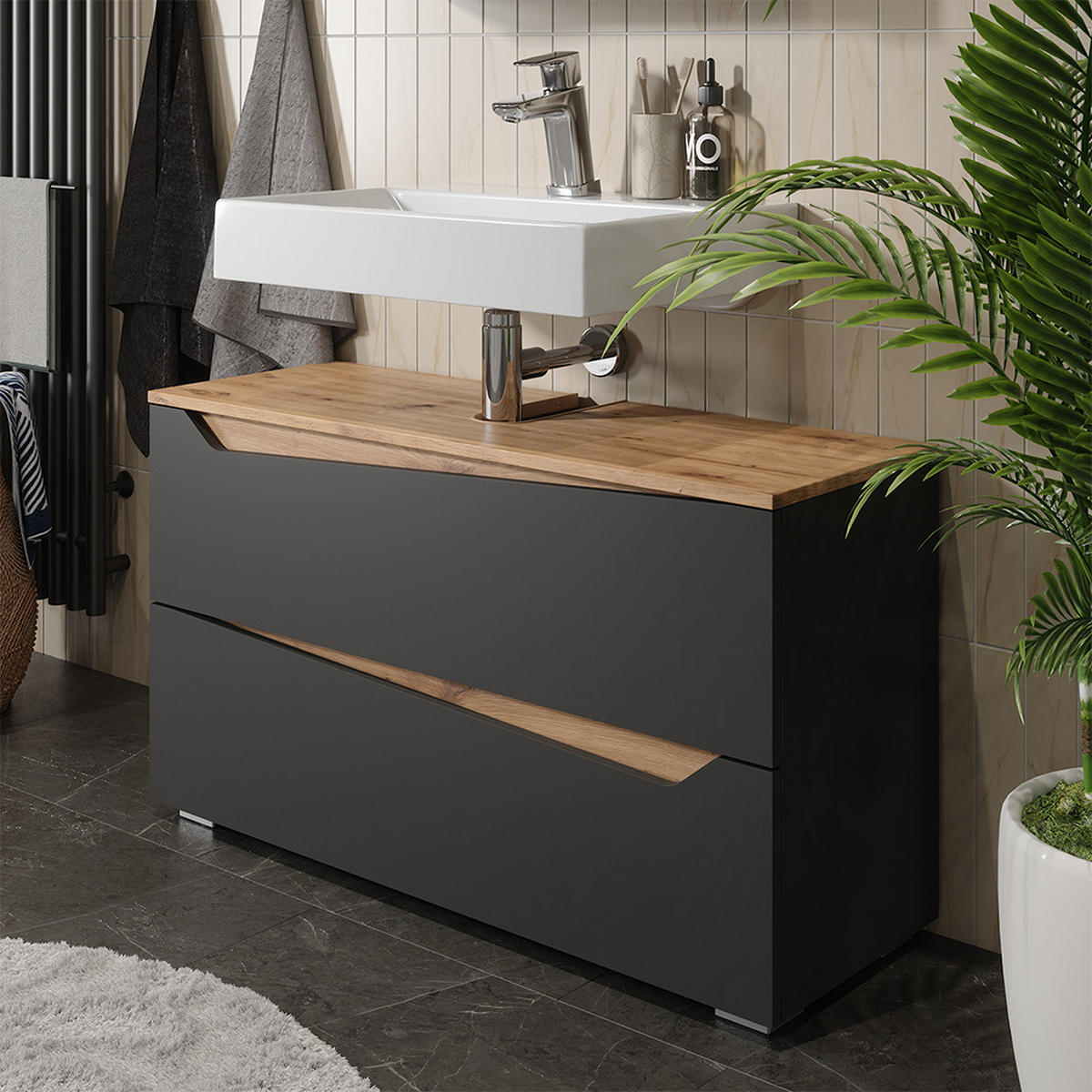 WASCHBECKENUNTERSCHRANK Marelle, Anthrazit/Artisan-Eiche, 100 x 57.5 cm mit 2 Schubladen - Anthrazit/Eiche Artisan, Holzwerkstoff (100/57.5/35cm) - Vicco