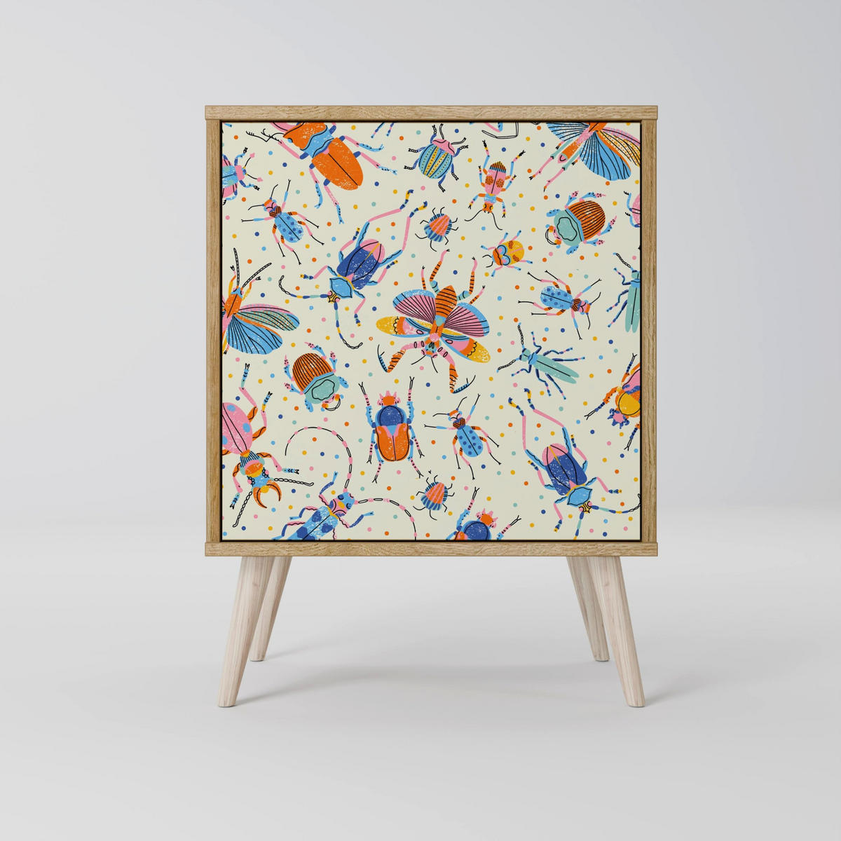 SIDEBOARD COLORFUL INSECTS, Grau, 57,5x42x67,5 cm, Schwarze Metall-Rahmenfüße - Multicolor/Schwarz, Holzwerkstoff/Metall (57.5/67.5/42cm) - SpaceRebels