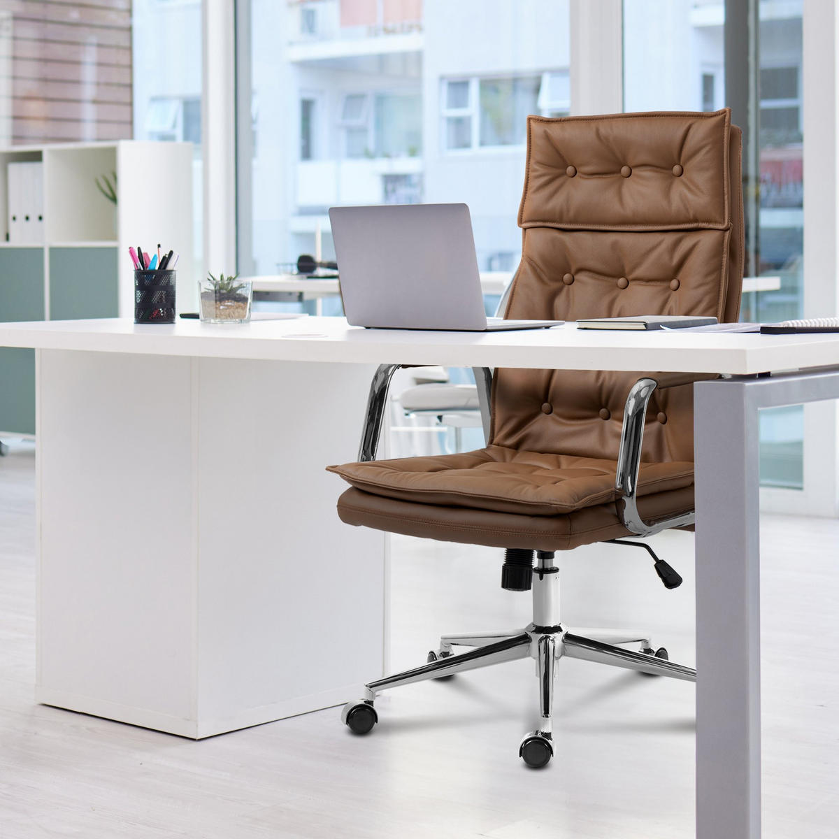 CHEFSESSEL Echtleder Hellbraun - Chromfarben/Hellbraun, Leder/Metall (60/111/65cm) - CLP