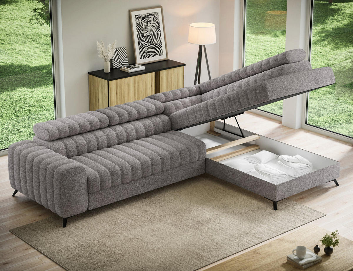 KANEDO Ecksofa mit Schlaffunktion und Bettkasten – Modernes Designsofa, verstellbare Kopfstützen, Metallfüße - Grau, Kunststoff (269/86cm) - Wohnideebilder