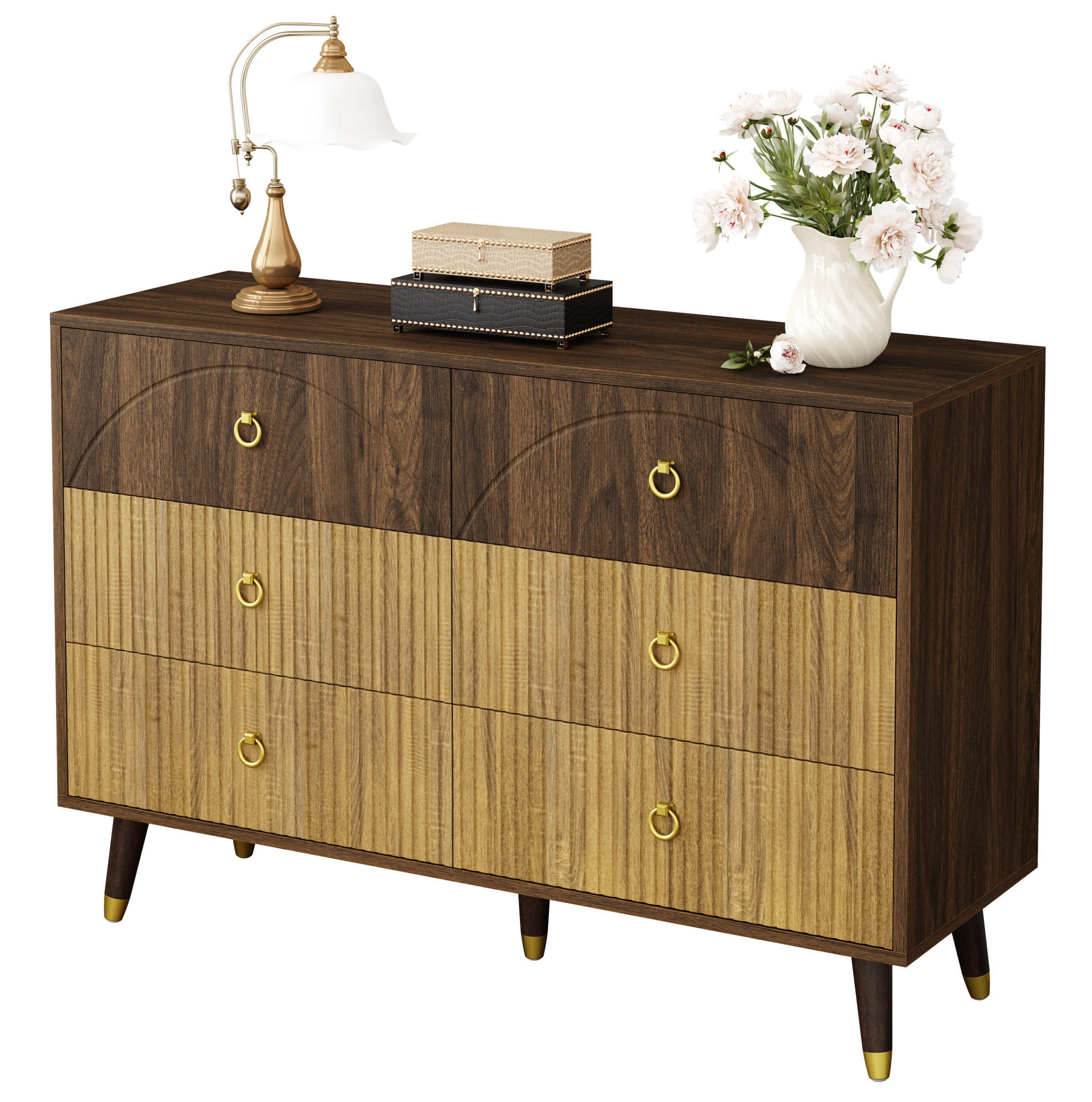KOMODA 120/40/81 cm prírodná a tmavohnedá so 6 zásuvkami z MDF a drevotriesky - prírodná farba, kompozitné drevo (120/81/40cm) - OKWISH
