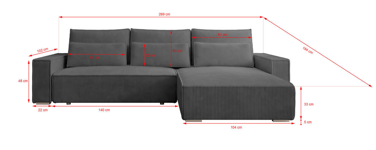ECKSOFA Alice mit Bettkasten und Schlaffunktion, Cordstoff in L-Form - Dunkelgrau, Textil (289/184cm)
