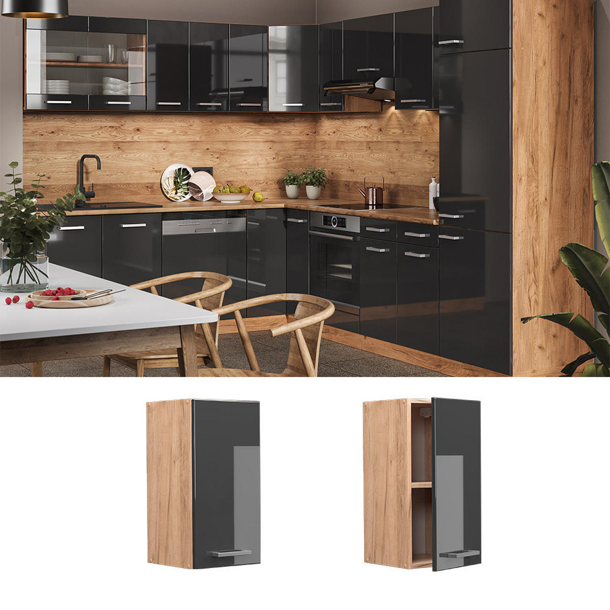 HÄNGESCHRANK R-Line Anthrazit Hochglanz 30 cm - Honigeiche/Schwarz Hochglanz, Holzwerkstoff (30/60/31cm) - Vicco