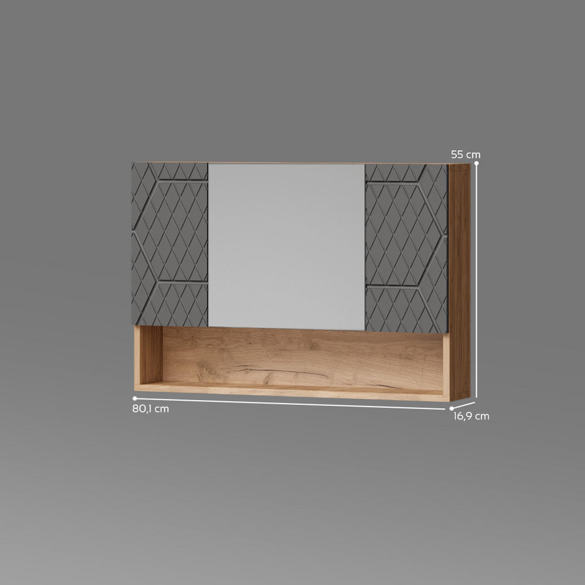 BADSPIEGELSCHRANK Ronco Anthrazit gestreift 80 x 55 cm - Anthrazit/Eiche Wotan, Holzwerkstoff (80/55/17cm) - Livinity®
