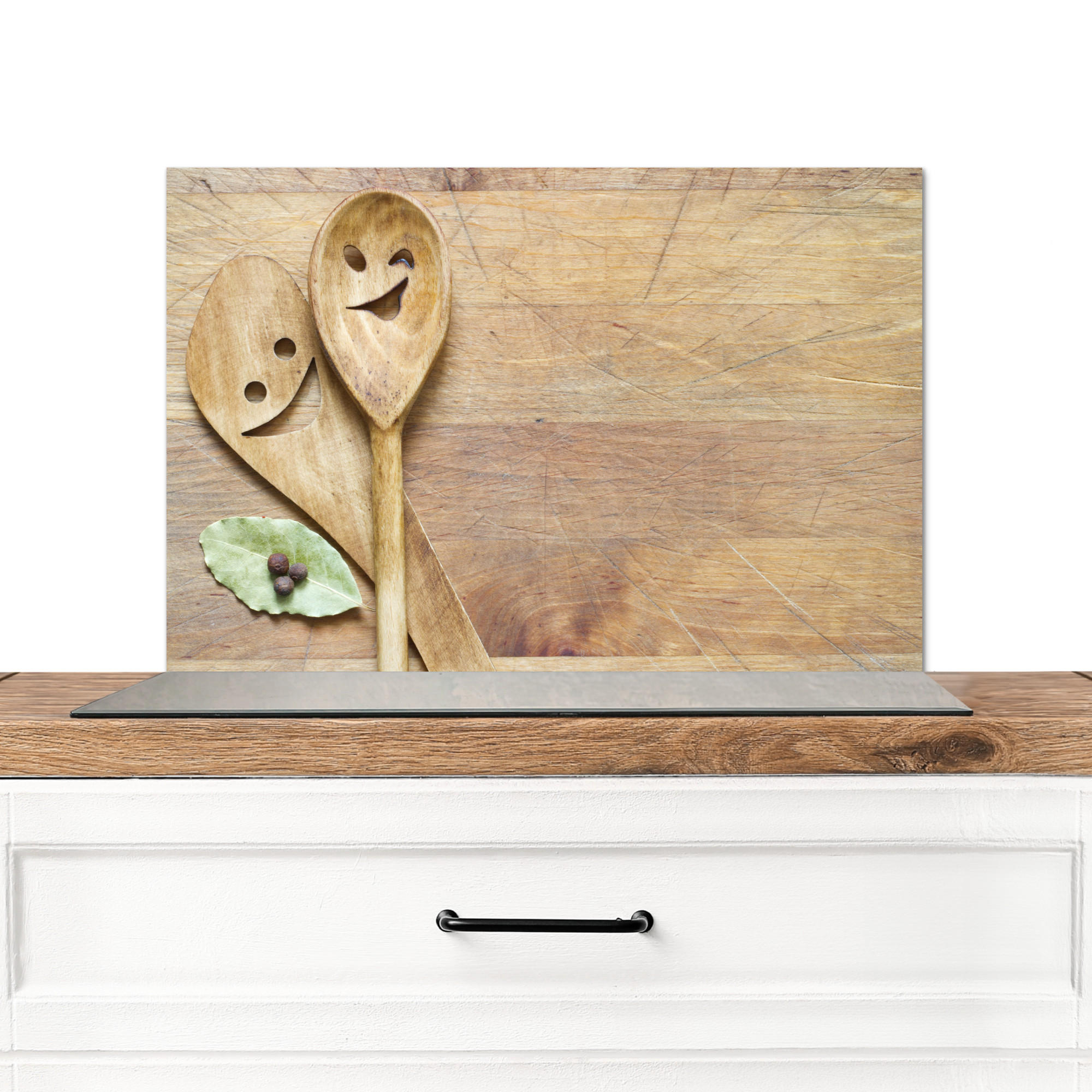 SPRITZSCHUTZ KÜCHE Holz - Löffel - Braun - Smiley 60x40 cm - Hellbraun, Metall (60/0.3/40cm) - MuchoWow