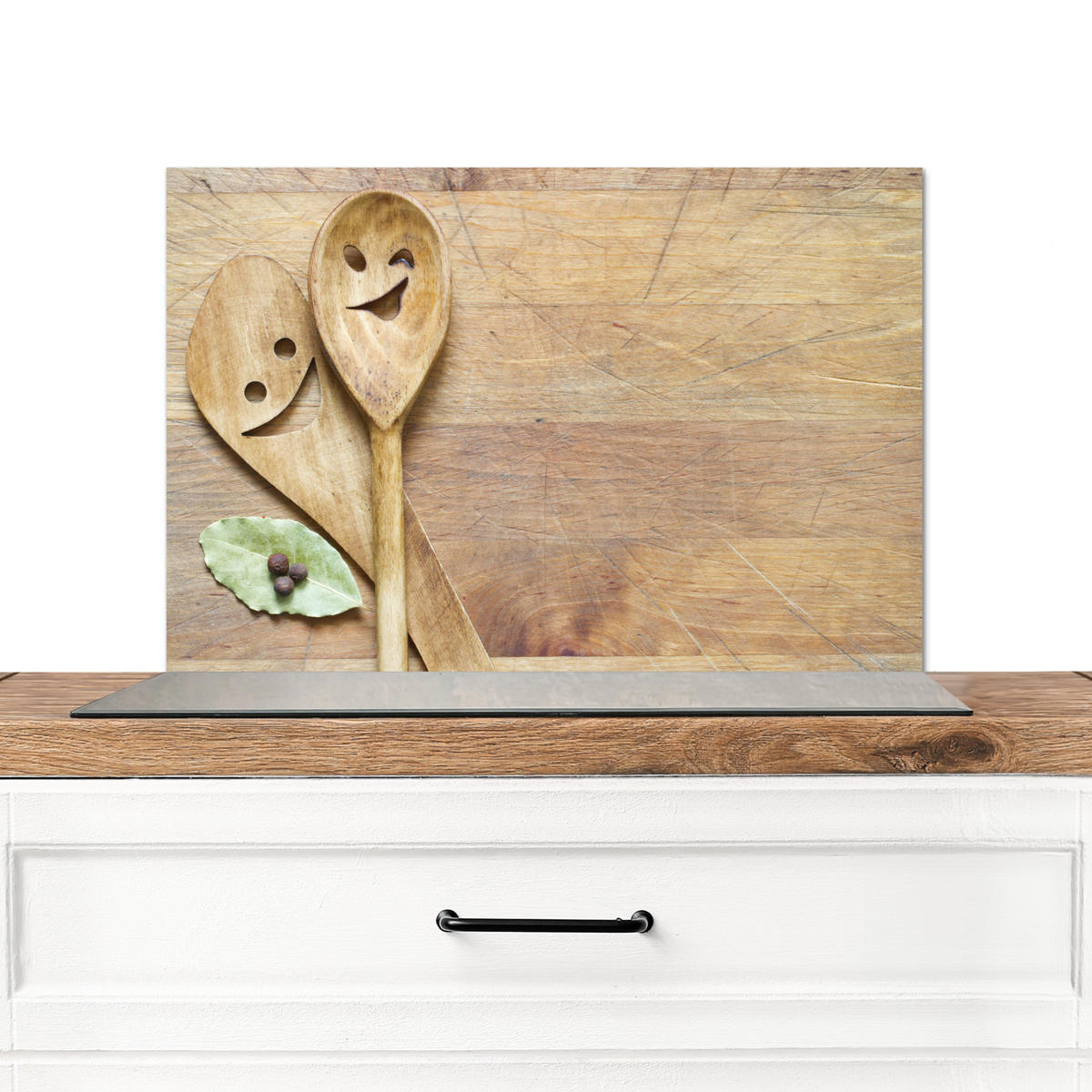 SPRITZSCHUTZ KÜCHE Holz - Löffel - Braun - Smiley 70x50 cm - Hellbraun, Metall (70/0.3/50cm) - MuchoWow