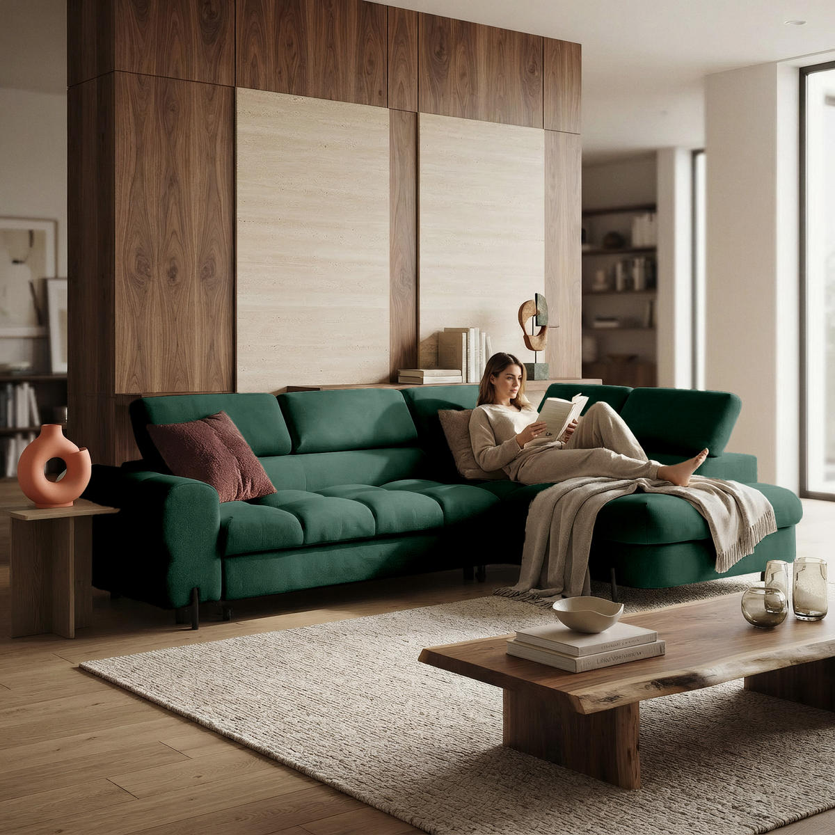 ECKSOFA BOWL L Rechts mit Schlaffunktion 125x195 Velours Grün - Schwarz/Grün, Holz/Textil (195/260cm) - Muffo