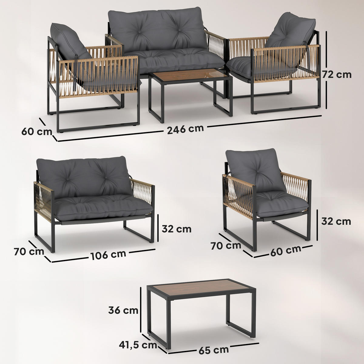 SITZGRUPPE mit Kissen, 4 tlg. Rattan Gartenmöbel-Set, Sitzgarnitur für Garten, Braun - Dunkelgrau, Kunststoff - Outsunny