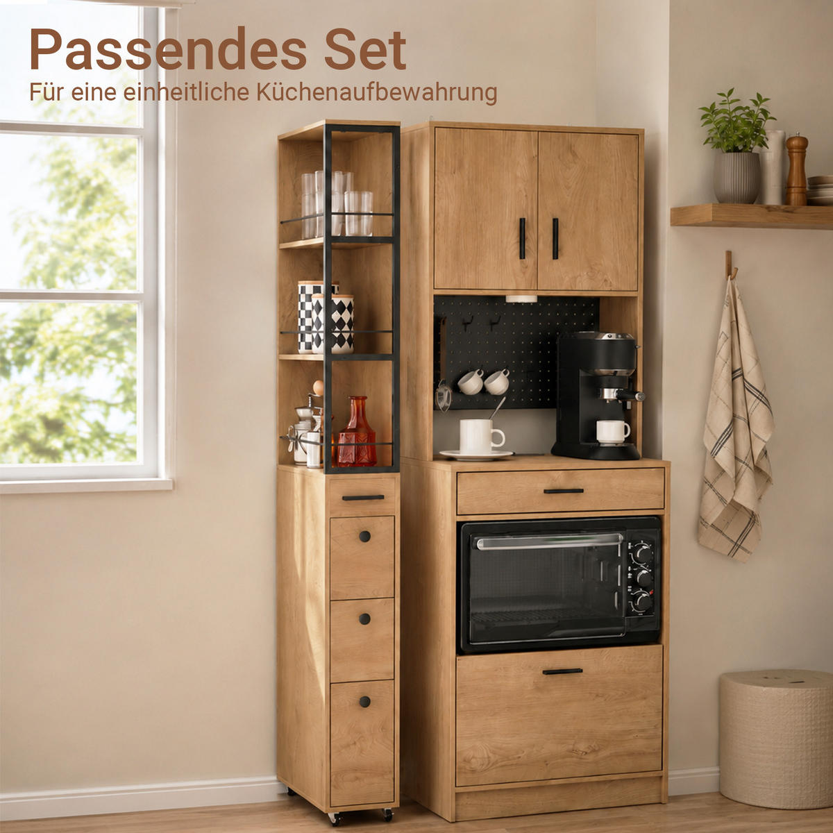 NISCHENSCHRANK 20 cm schmal mit 4 Rollen, 40×20×170 cm, kleine Küchen Natur - Schwarz/Naturfarben, Holz/Metall (20/170/40cm) - SoBuy