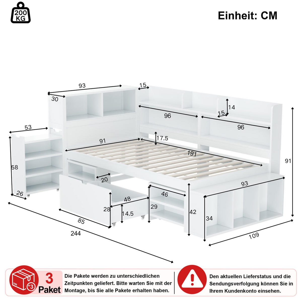 KINDERBETT 90/190 cm in Weiß mit Schubladen, Regal und Stauraum - Weiß, Holz/Holzwerkstoff (90/190cm) - CHICFURN