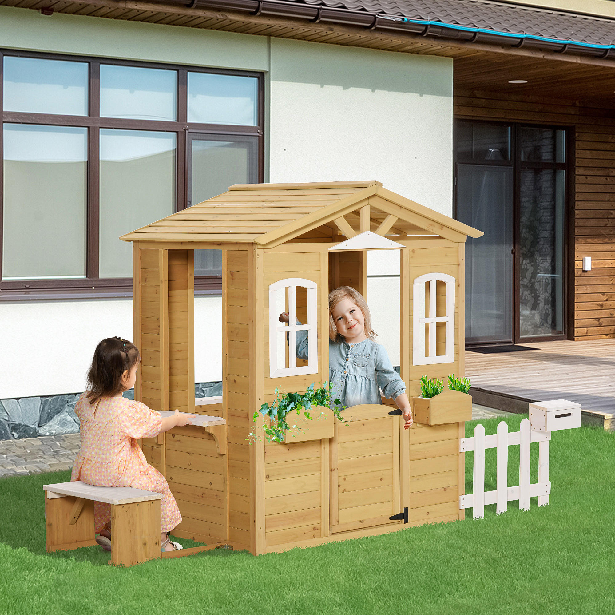 KINDERSPIELHAUS mit Fenster, Briefkasten, Outdoor, Tannenholz, Natur+Weiß - Naturfarben, Holz (107/140/204cm) - Outsunny