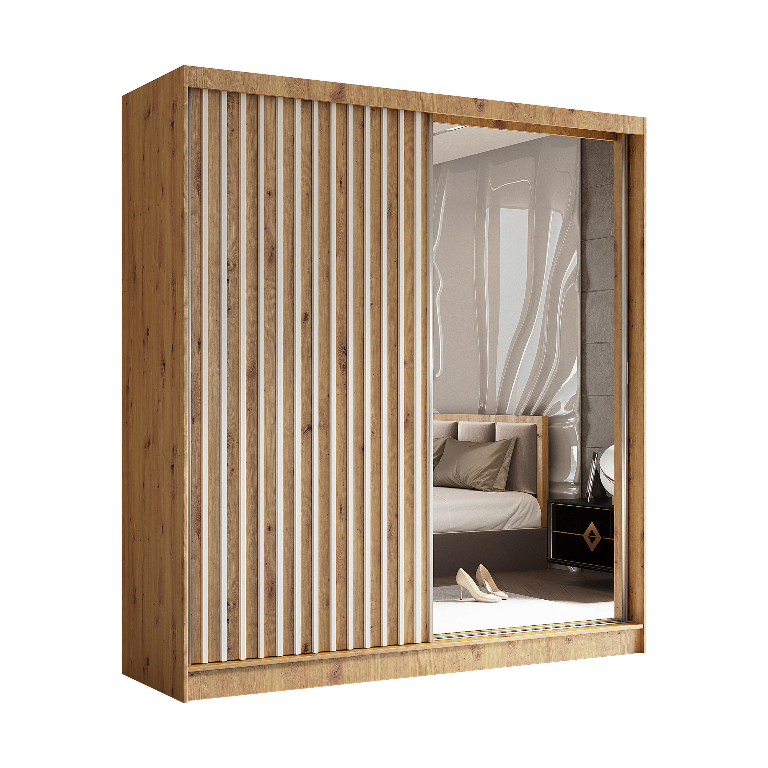 SCHWEBETÜRENSCHRANK LAMELLO 200/216/61 cm 2-türig mit Spiegel Eiche Artisan - Eiche Artisan, Holzwerkstoff (200/216/61cm) - MASSENO