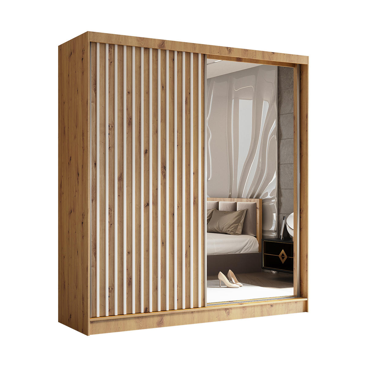 SCHWEBETÜRENSCHRANK LAMELLO 200/216/61 cm 2-türig mit Spiegel Eiche Artisan - Eiche Artisan, Holzwerkstoff (200/216/61cm) - MASSENO