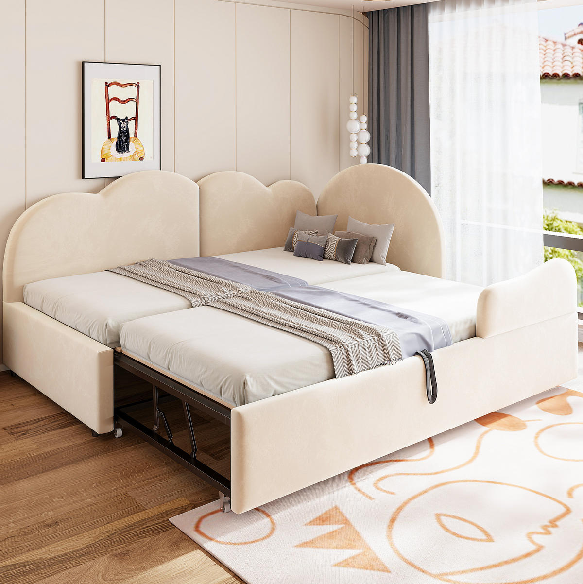 POLSTERBETT 90/200 cm aus Samt mit Wolken-Kopfteil, Beige - Beige, Textil (90/200cm) - OKMYHOME