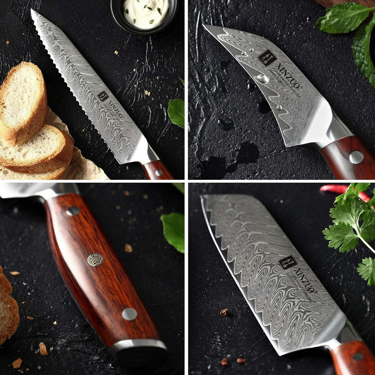 KÜCHENMESSER Set 5-teilig Damaststahl Rosenholz Griff - Multicolor, Holz