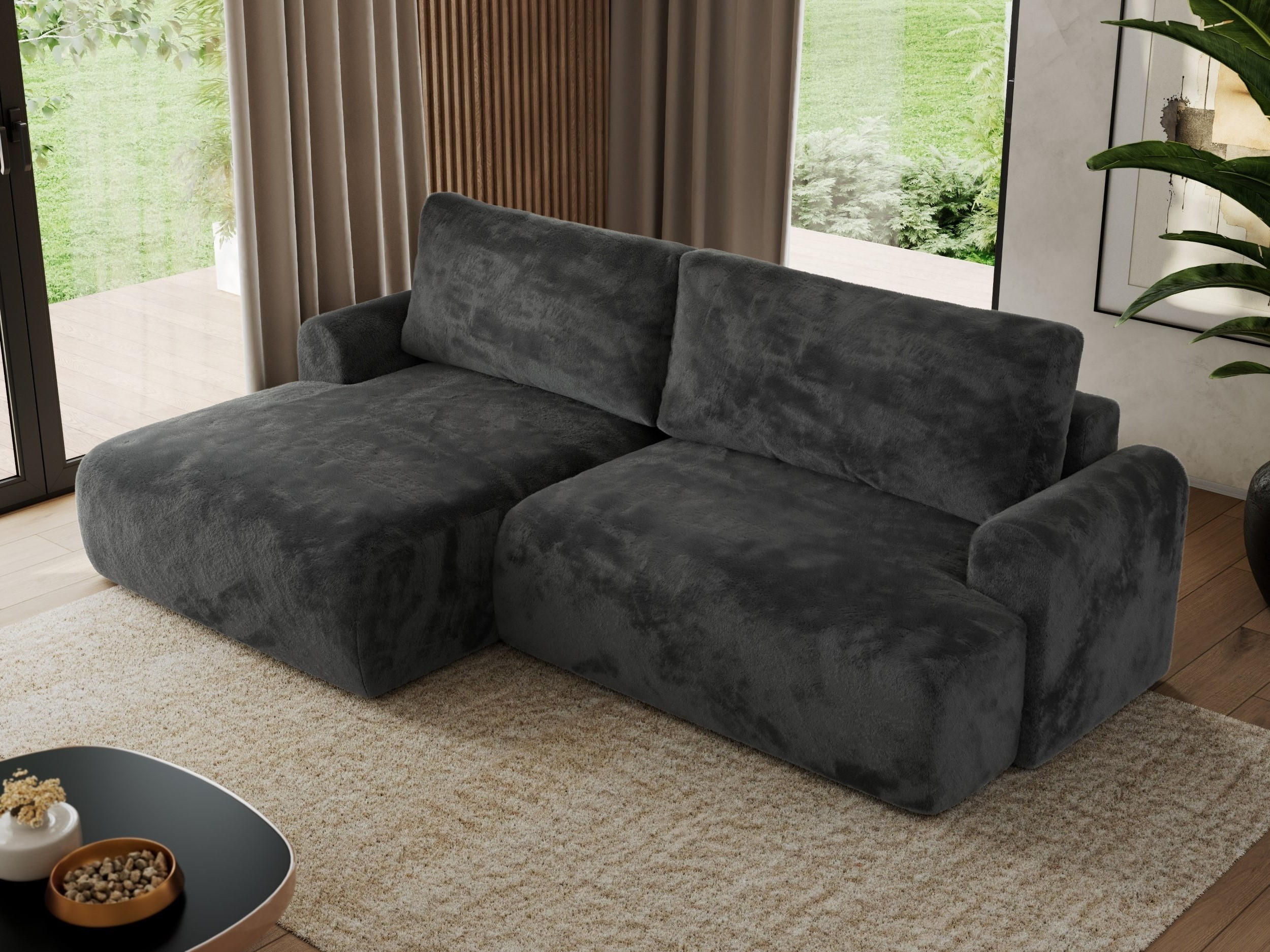 ECKSCHLAFSOFA TONO L Dunkelgrau Plüsch - links - Dunkelgrau/Schwarz, Kunststoff/Textil (260/150cm) - MKS
