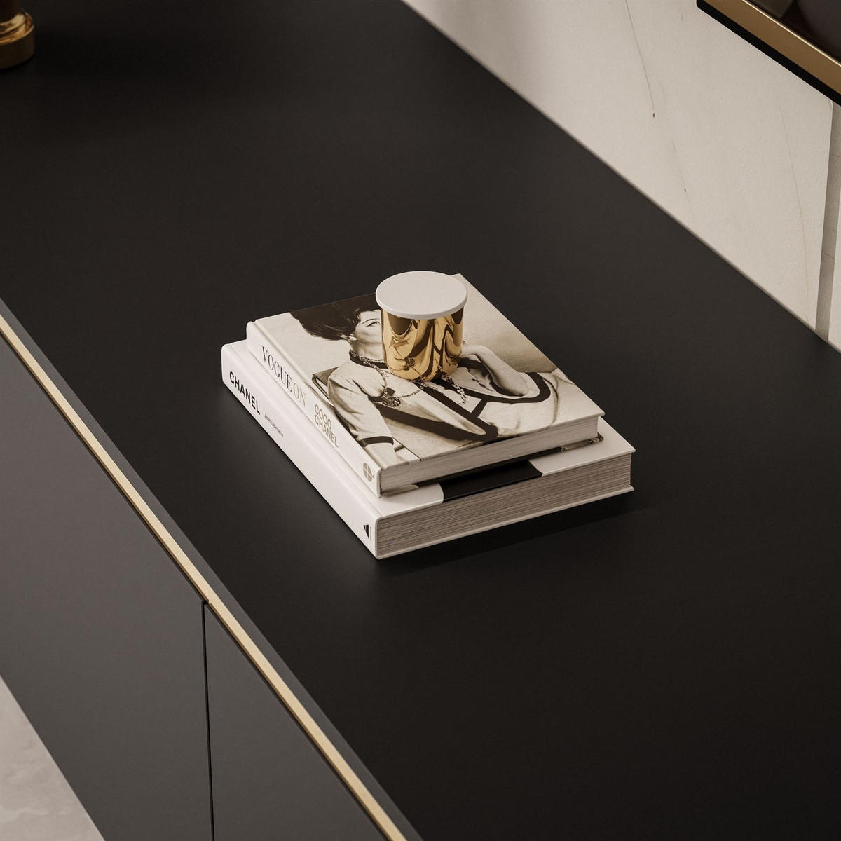 WOHNWAND AURORA in Schwarz Matt mit gerade Goldchrom Fuße - Goldfarben/Schwarz, Holzwerkstoff/Metall (180/46/40cm) - Lookway