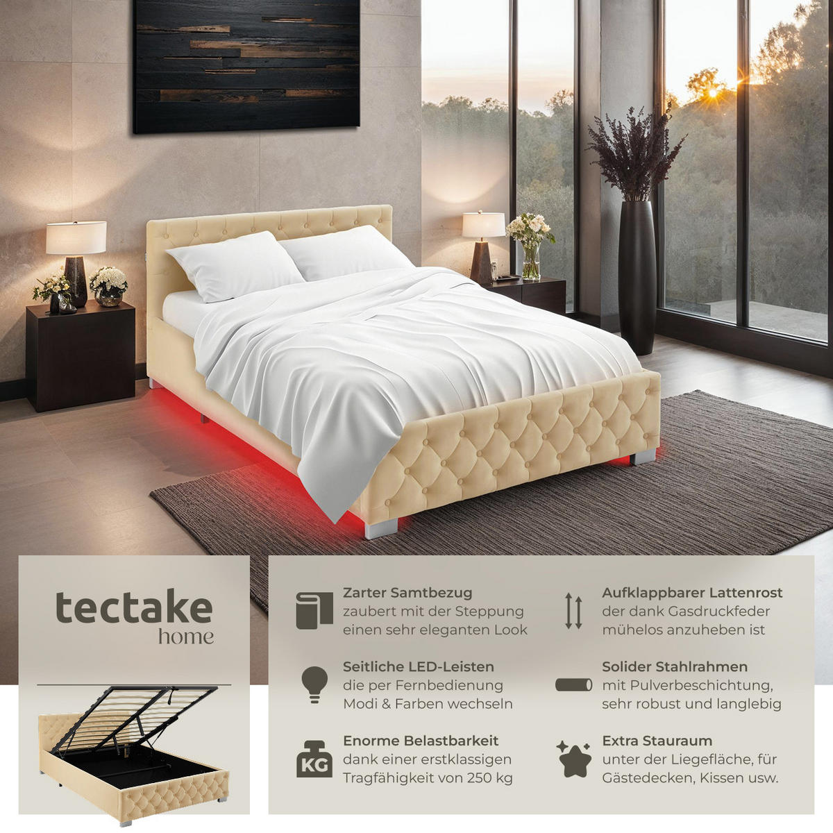 POLSTERBETT Venice,großer Stauraum,beige - Beige, Holz (140/200cm) - tectake