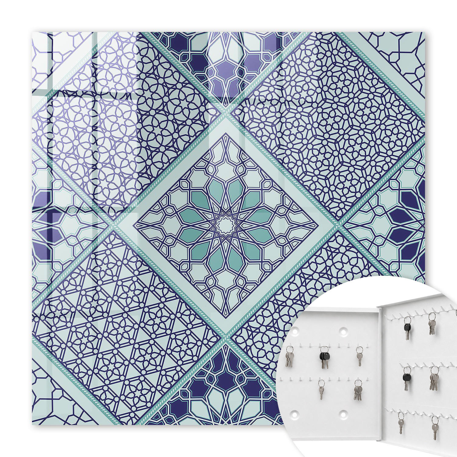 SCHLÜSSELBOX Weiß 30x30 cm – Türöffnung nach rechts - Geometrisches Muster - Blau, Metall (30/30/5cm) - TULUP