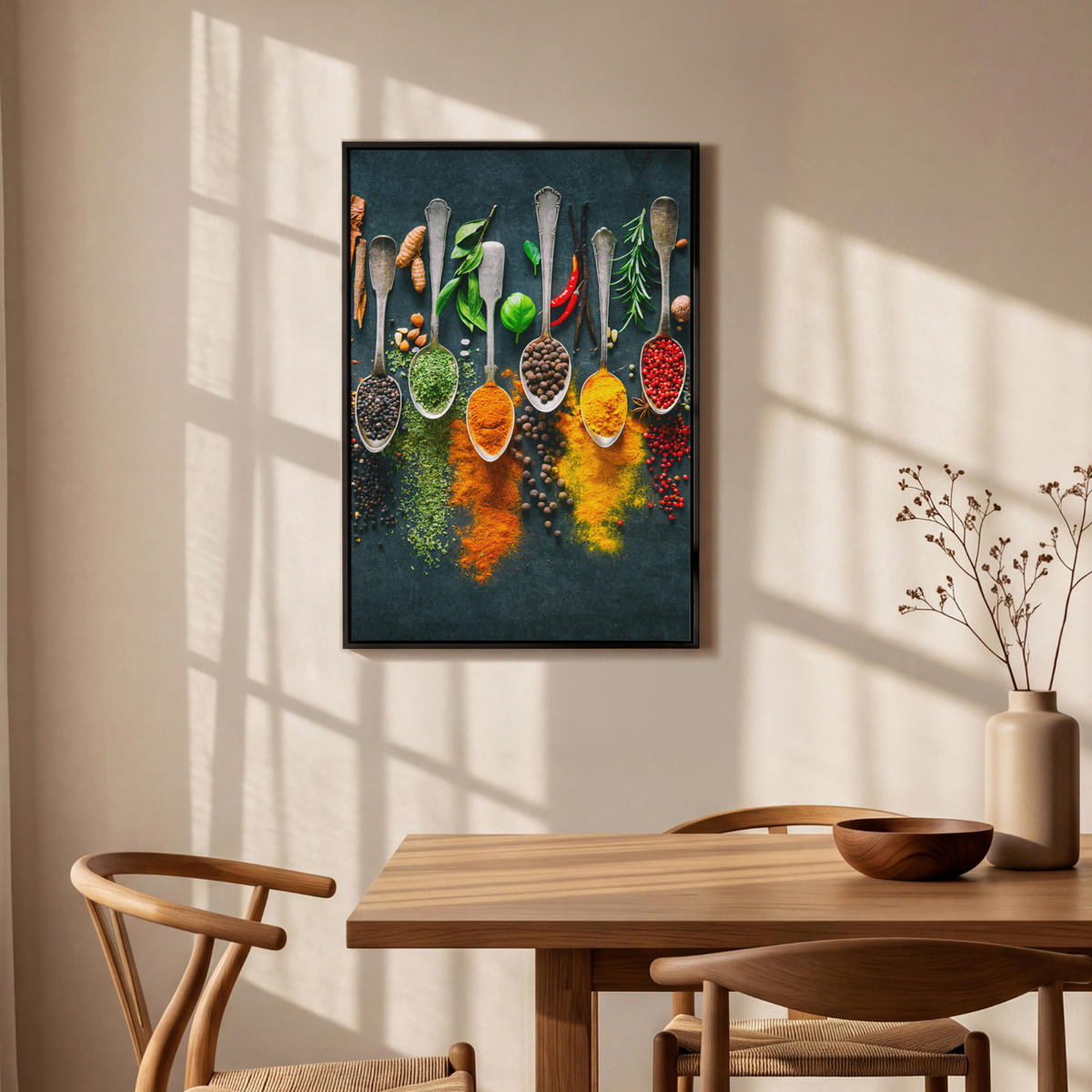LEINWAND Bilder mit Rahmen - Kräuter - Gewürze - Löffel - 60x90 - Currygelb, Textil (60/90cm) - MuchoWow