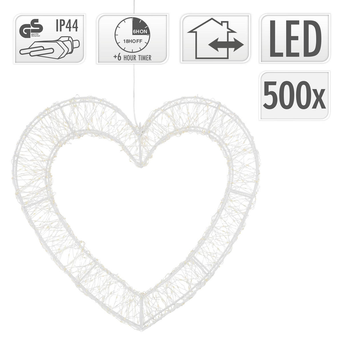 LED SRDCE Vánoce 500 LED teplá bílá vánoční dekorace 38,5 x 36 cm pro vnitřní i venkovní použití - bílá, plast (38.5/36/4.5cm) - ECD-Germany