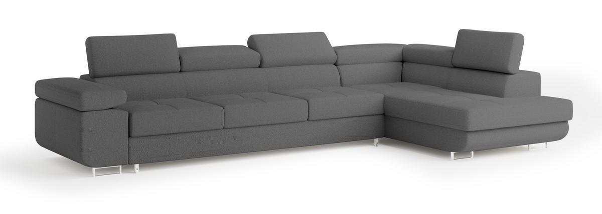ECKSOFA VICENTE Grau Boucle-Stoff mit Schlaffunktion - Grau, Holz (346/202cm) - MASSENO