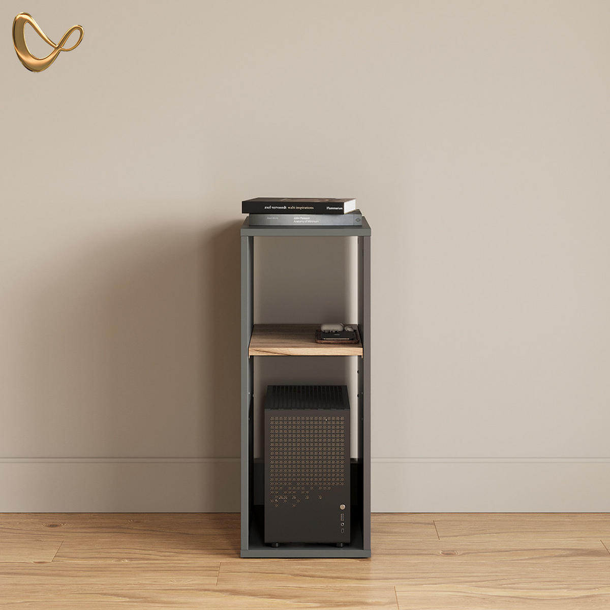 PC-SCHRANK Lorena Anthrazit/Goldkraft Eiche 28.5 x 72 cm mit 2 Fächern - Anthrazit, Holzwerkstoff (28.5/72/50cm) - Livinity®