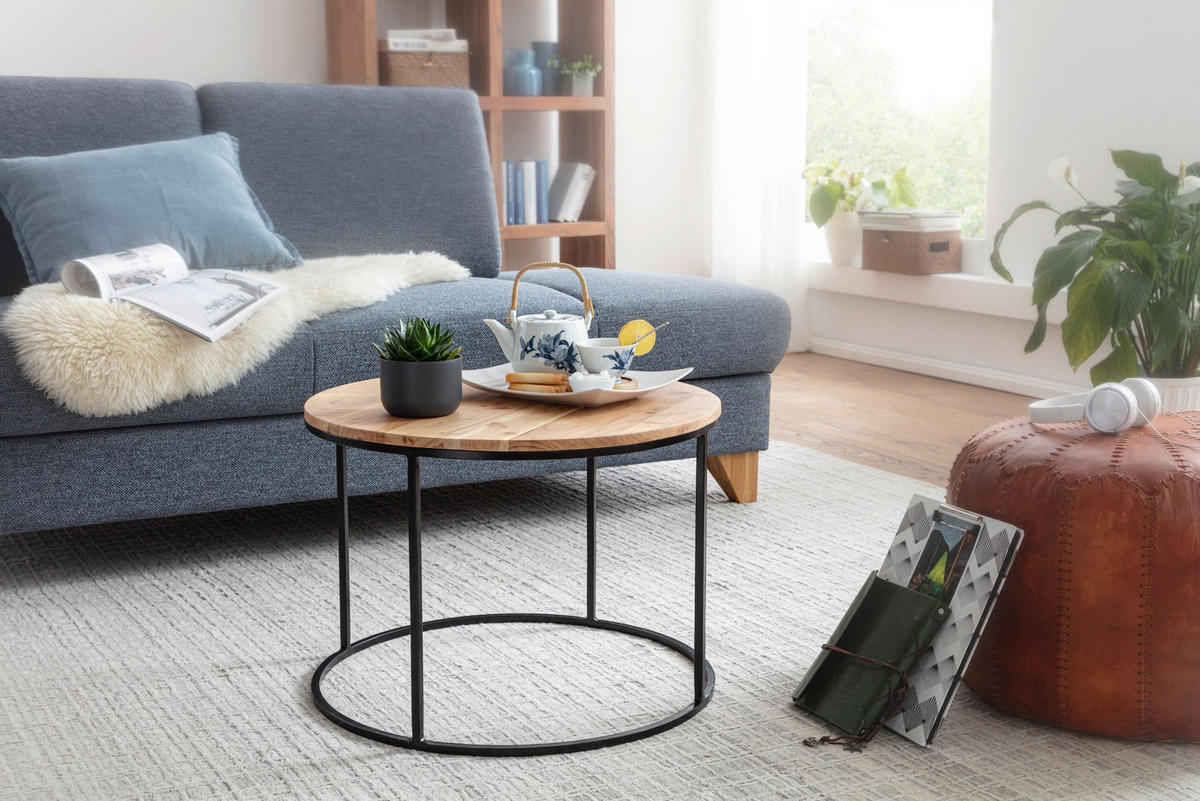 COUCHTISCH Naturholz mit stabiler Konstruktion und runder Ablage, Belastbarkeit 50 kg - Beige/Schwarz, Holz/Metall (60/60/43cm) - KADIMA DESIGN