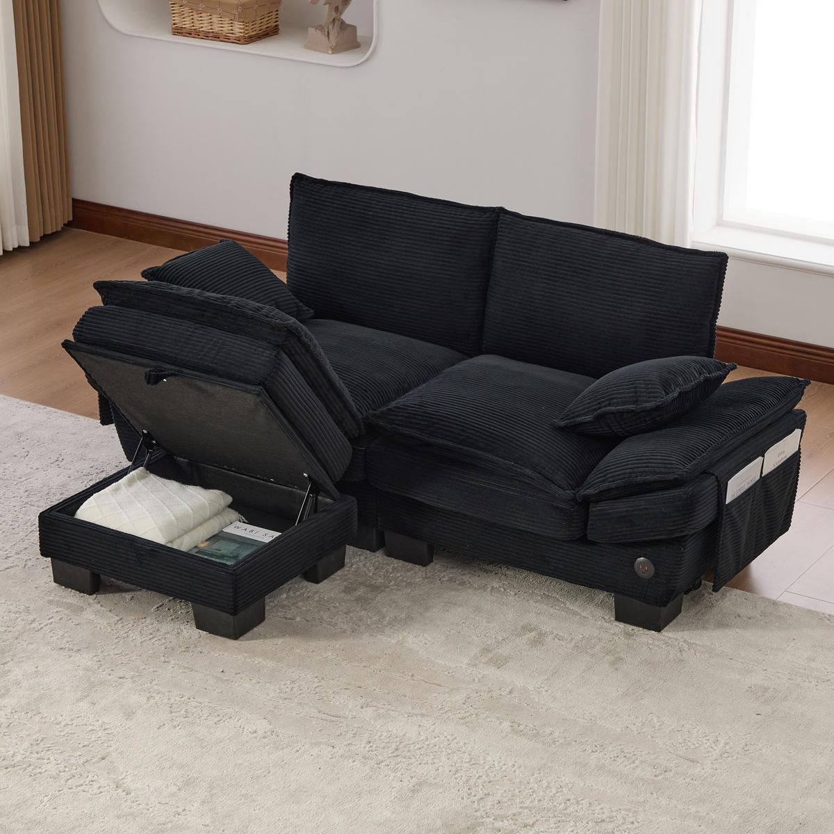 2-SITZER Sofa aus Corduroy 190x132x84 cm mit Hocker & USB-C, schwarz - Schwarz, Textil (132/84/190cm)