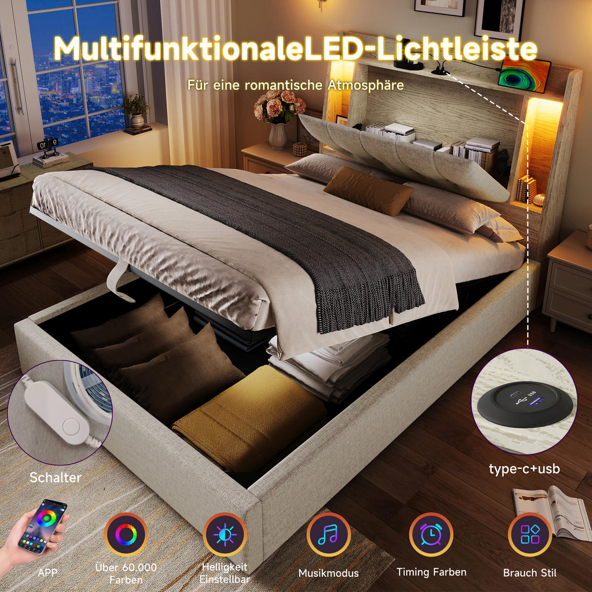 POLSTERBETT 90/200 cm Beige mit USB- und Type-C-Anschlüssen und LED-Beleuchtung - Beige, Textil (90/200cm) - OKWISH