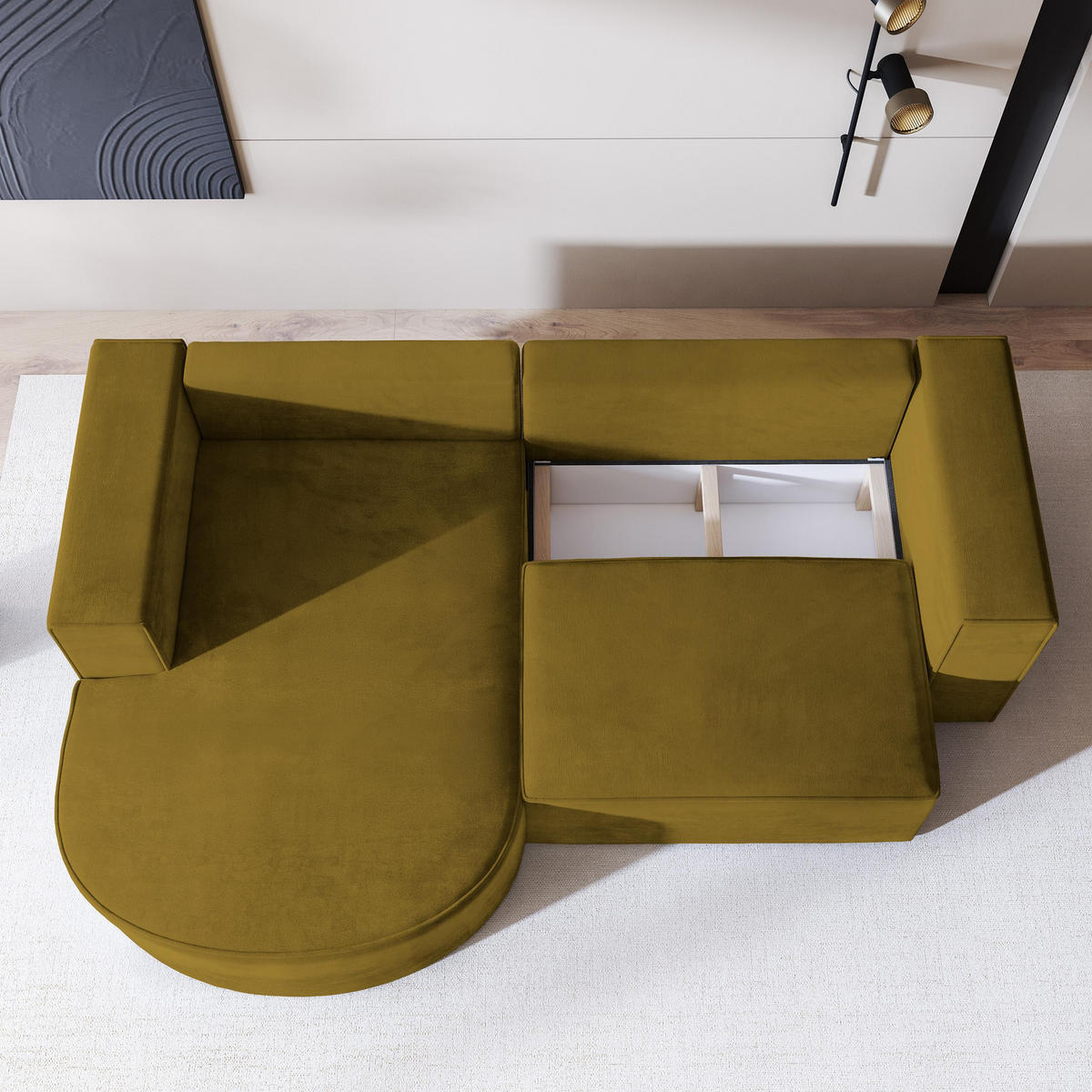 ECKSOFA SORELA M L-S Gelb Velours-Stoff mit Schlaffunktion - Gelb, Holz (263/174cm) - MASSENO