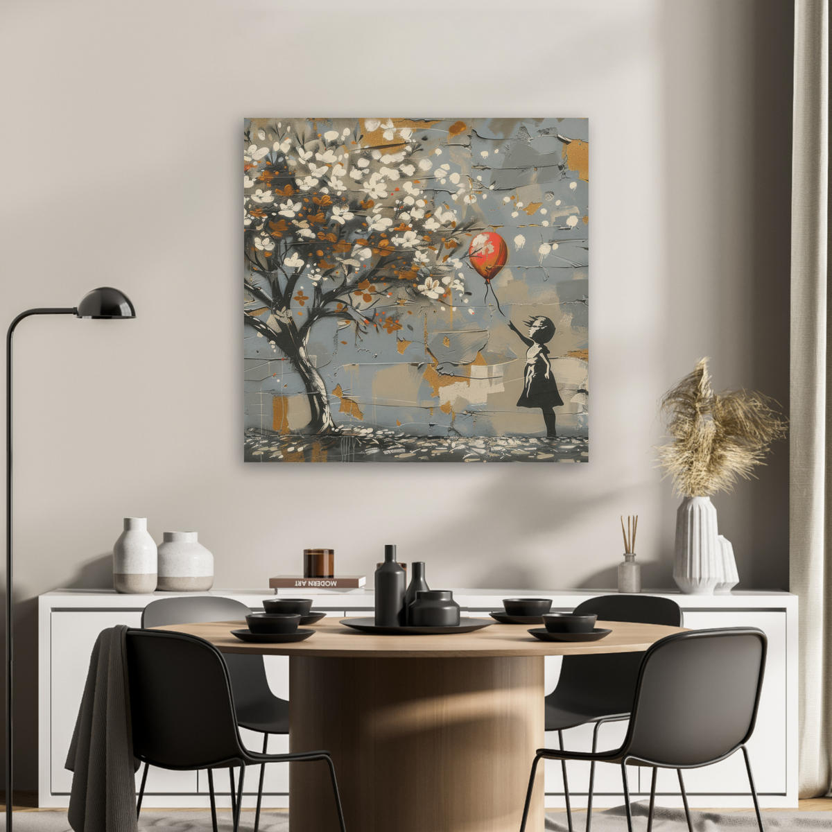 AKUSTIKBILD Baum - Graffiti - Banksy-Stil - Ballon-Mädchen Akustikpaneele 80x80 cm - Blaugrau, Kunststoff (80/80/0.9cm) - MuchoWow