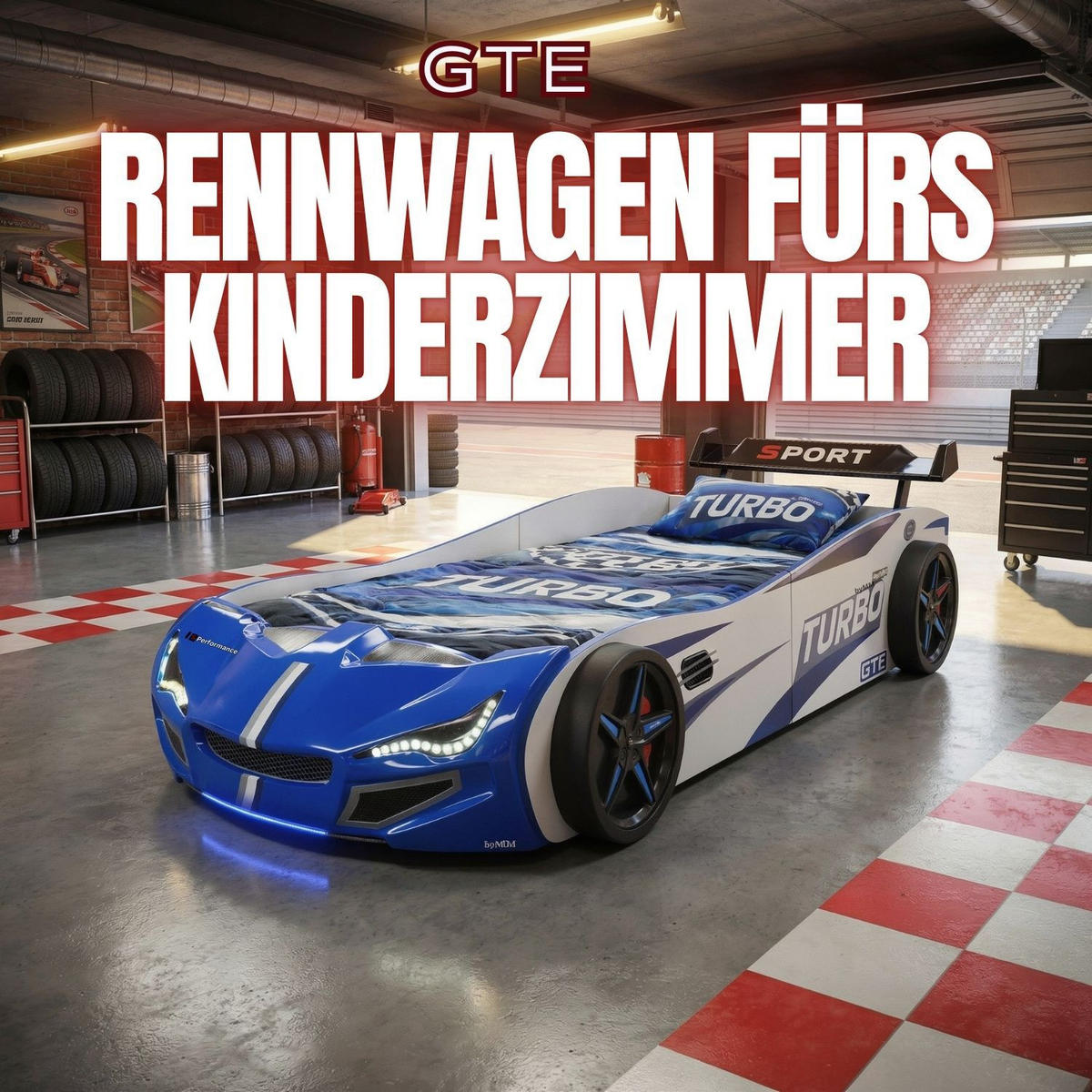 AUTOBETT GTE mit Rollrost, Licht und Sound Farbe Blau - Blau, Holzwerkstoff (90/200cm) - Coemo