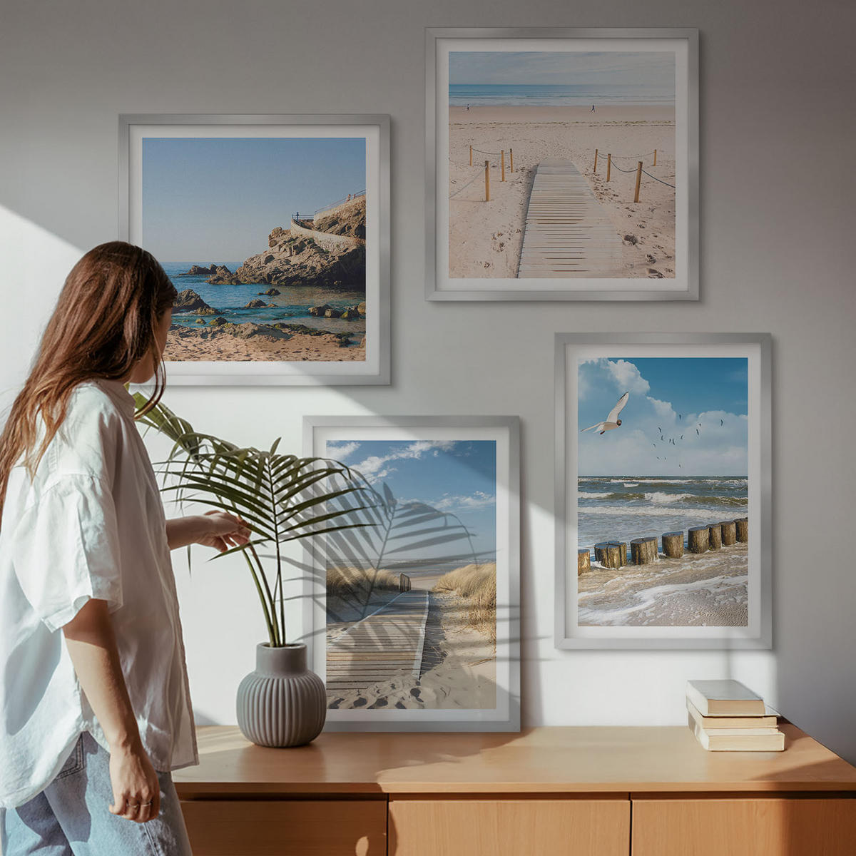 WANDBILDER 4er Set - 50x50 cm & 40x60 cm Silberner Rahmen - Strand, Sand, Wellen, Himmel, Vögel - Silberfarben, Kunststoff (50/50cm) - ArtPrintCave