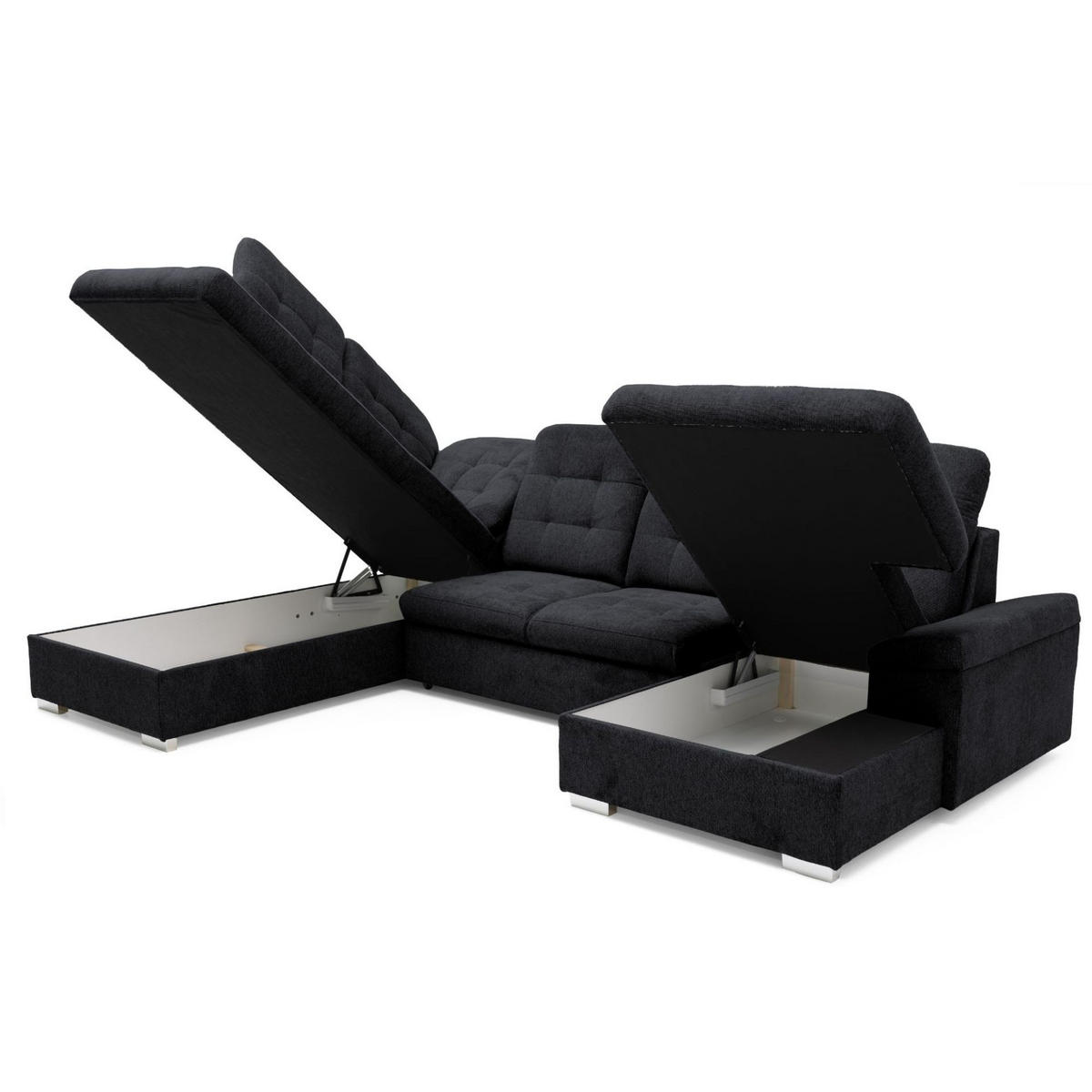 ECKSOFA U-Form OLIVIA U Links mit Schlaffunktion 124x257 Velours Schwarz - Silberfarben/Schwarz, Holz/Kunststoff (320/103/202cm) - Muffo