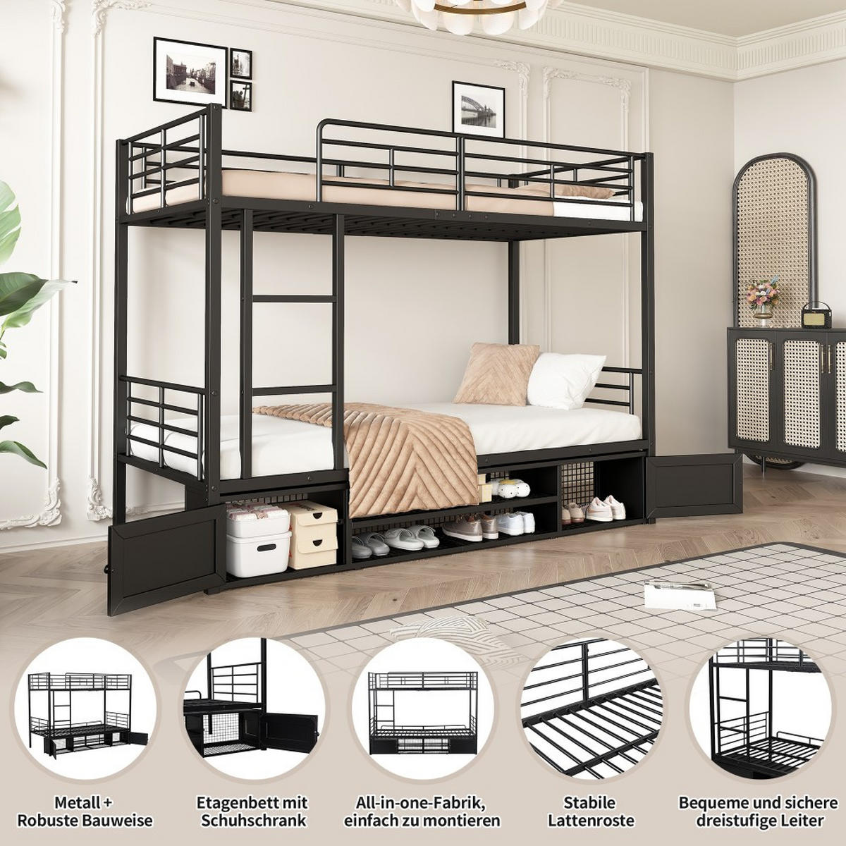 ETAGENBETT 90x200cm in Schwarz Metall mit Fallschutzgitter - Schwarz, Metall (90/200cm) - KOMHTOM