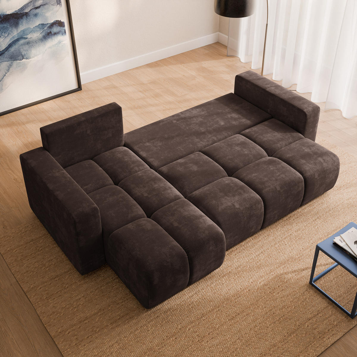 ECKSOFA RAMIL Braun Chenille mit Schlaffunktion - Braun, Holz (240/149cm) - MASSENO