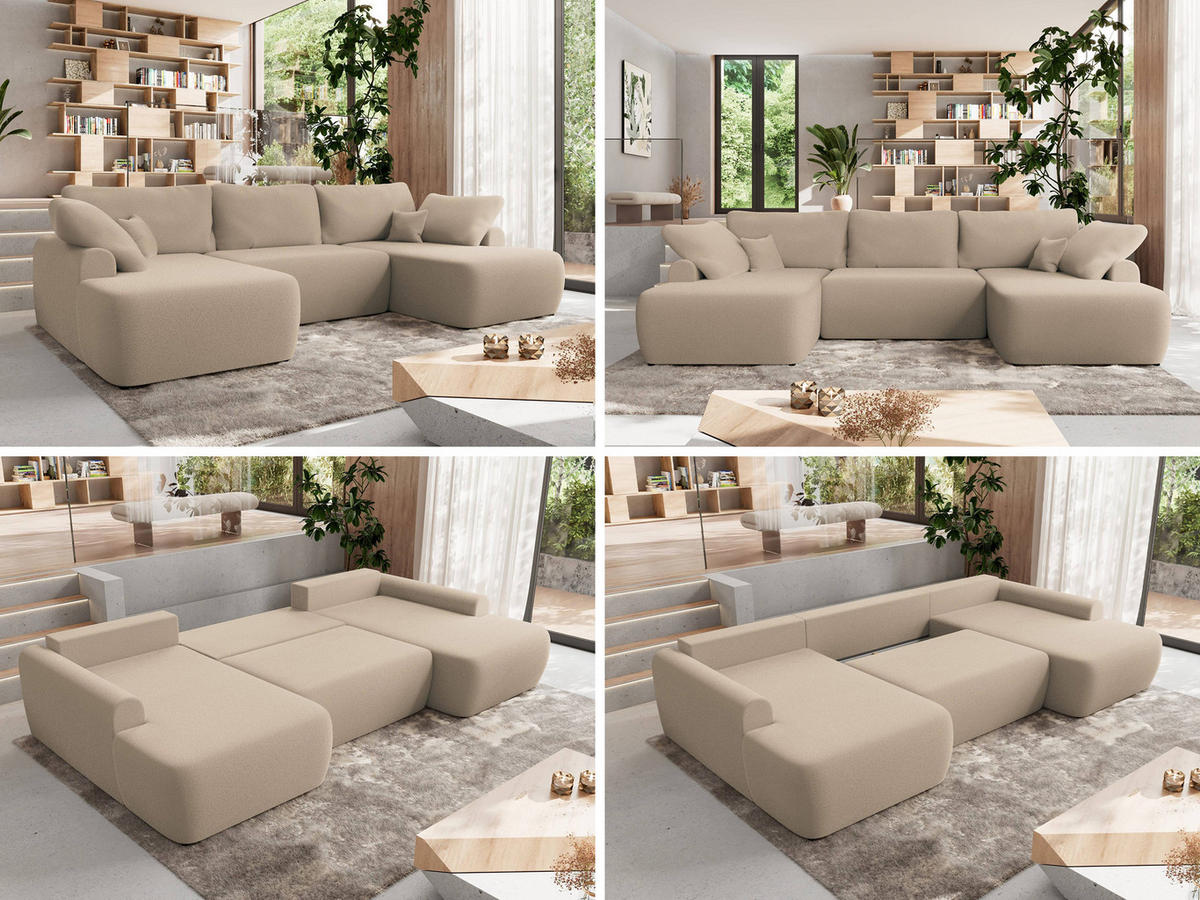 WOHNLANDSCHAFT CUBO U Hellbraun Boucle - Schwarz/Braun, Kunststoff/Textil (370/100/187cm) - MKS