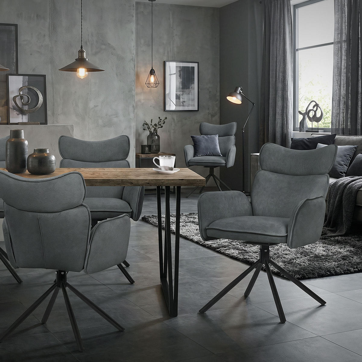 JÍDELNÍ ŽIDLE, sada 6 ks, otočné, antracitové s látkovým potahem - černá/antracitová, kov/textil (63/89/68cm) - ML-DESIGN
