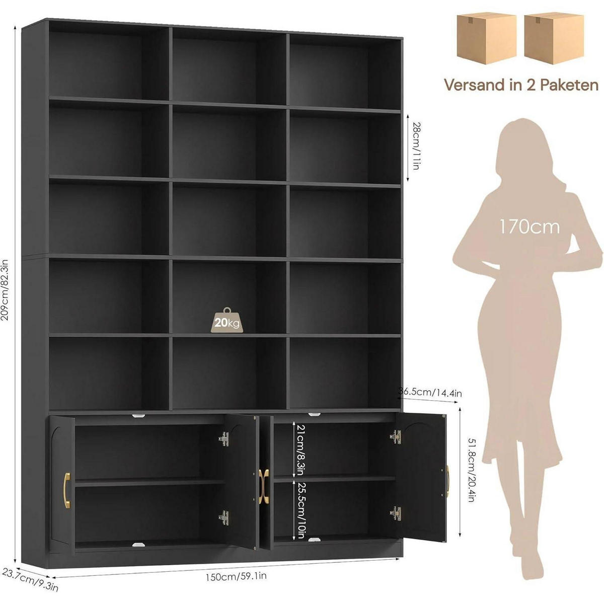 BÜCHERREGAL 209 cm schwarz - Schwarz, Holzwerkstoff (150/209/23.7cm)
