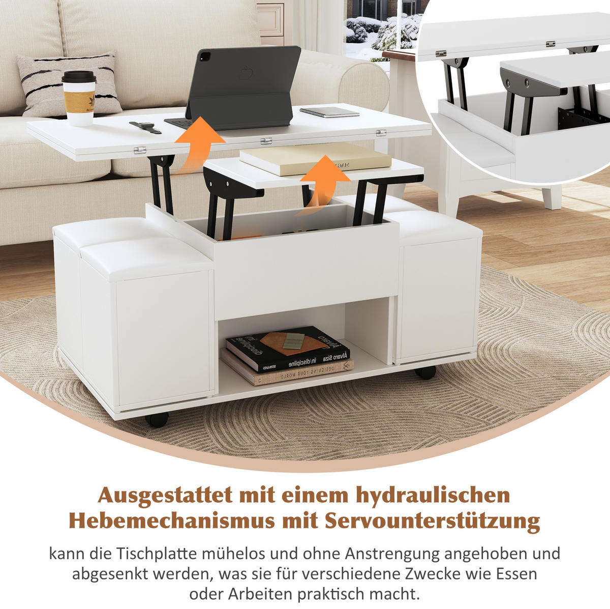 COUCHTISCH höhenverstellbar 100x100 cm Weiß 5-tlg. - Weiß, Holzwerkstoff (100/100/63.5cm) - Meubliv