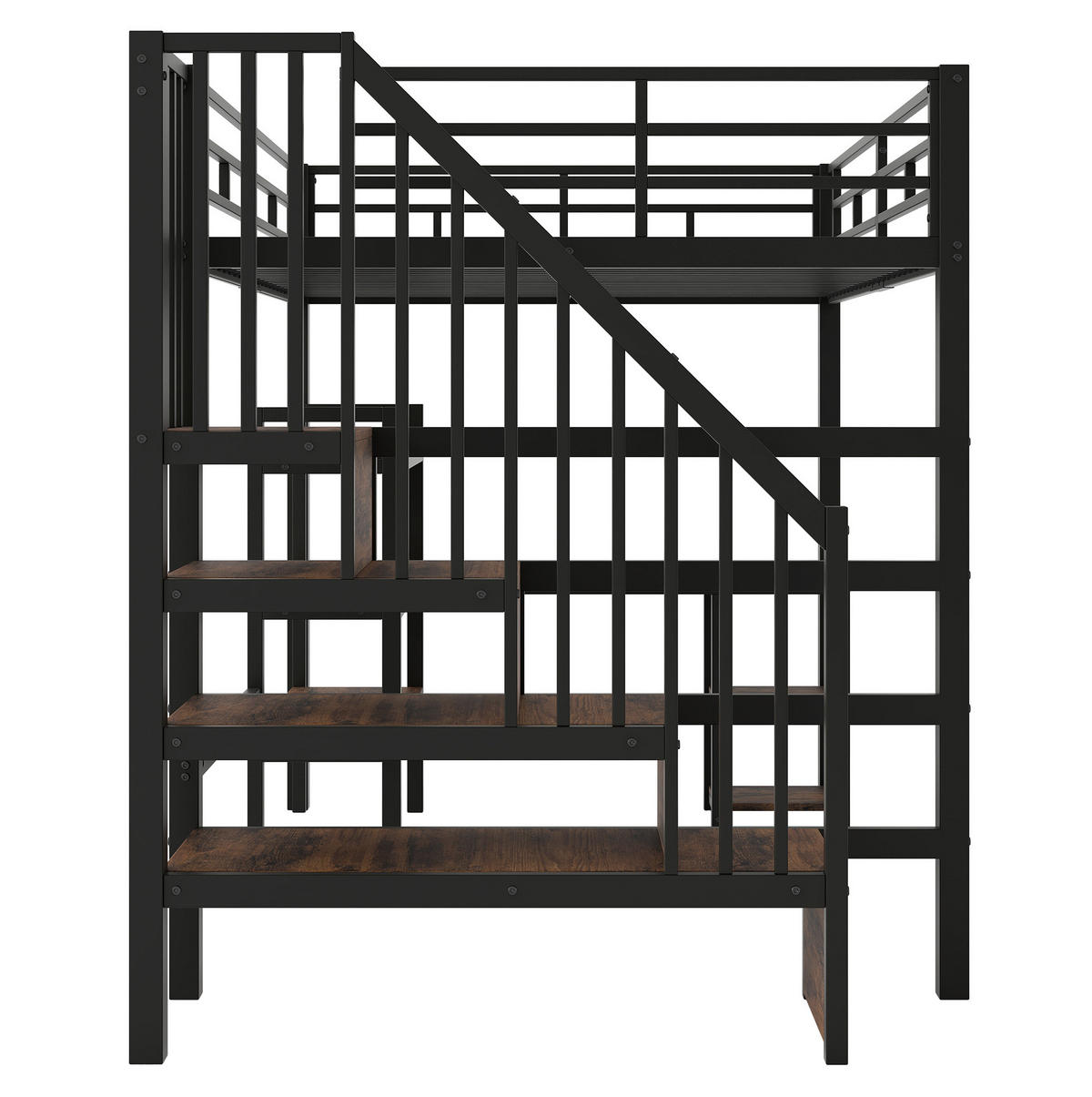 HOCHBETT 140/200 cm aus Metall mit Treppe, Schreibtisch, Regalfächern, USB-Ladestation und LED-Beleuchtung, Schwarz - Schwarz, Metall (140/200cm) - Redom