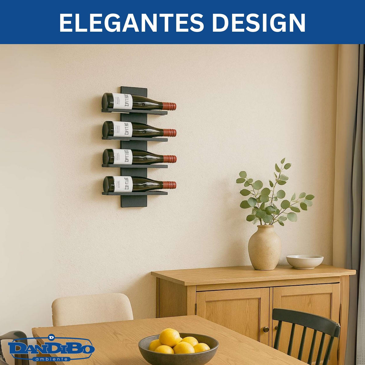 WEINREGAL Wand für 4 Flaschen Metall Flaschenregal  - Schwarz, Metall (29/49/9cm) - DanDiBo